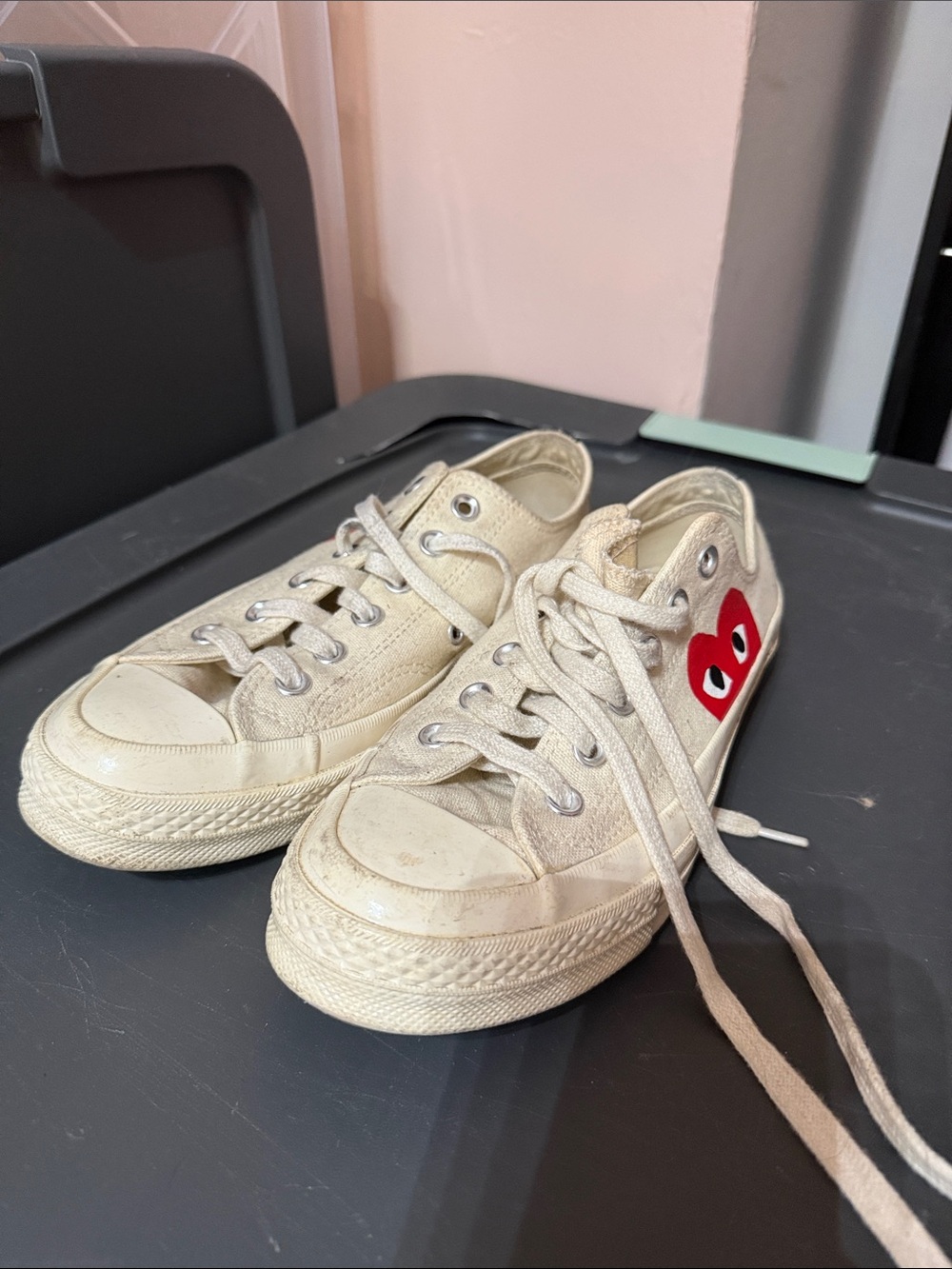 Comme des Garcons PLAY Off-White Canvas Sneakers with Red Heart